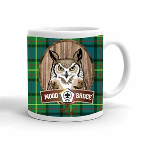 Wood Badge Mug with Wood Badge Owl Critter and Wood Badge Logo on Wood Badge Tartan Background - Right side