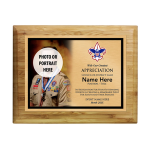 Council Event Coordinator Plaque with Scouting America Logo - Left Photo Design - Horizontal - Light Wood