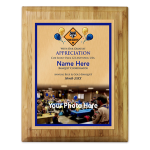Blue and Gold Banquet Plaque with Cub Scout Scouting AmericaLogo - Bottom Photo Design - Vertical - Light Wood