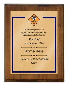 Pack Committee Chairman Plaque with Cub Scout Scouting AmericaLogo - Border Design - Vertical - Dark Wood