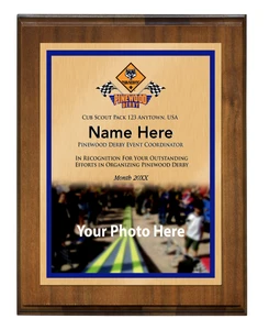 Pinewood Derby Plaque with Cub Scout Scouting America Logo - Bottom Photo Design - Vertical - Dark Wood