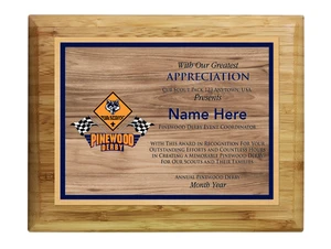 Pinewood Derby wood plaque with Cub Scout logo