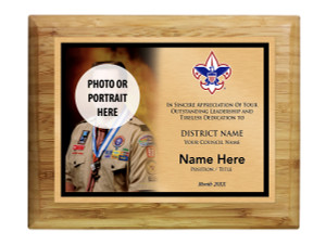 District Commissioner Plaque with Scouting America Logo - Left Photo Design - Horizontal - Light Wood