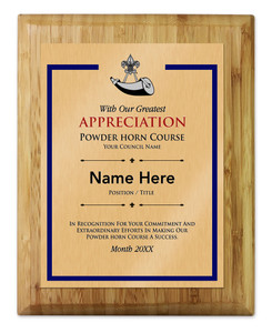 Scouts BSA Powder Horn Plaque with BSA Powder Horn Logo - Light Wood 