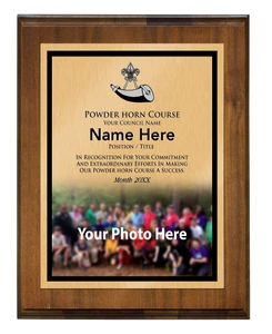 Powder Horn Plaque - Bottom Photo Design - Vertical with Scouting America Logo - Dark Wood