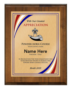 Scouts BSA Powder Horn Plaque with BSA Powder Horn Logo - Dark Wood Scouts BSA Powder Horn Plaque with BSA Powder Horn Logo - Dark Wood