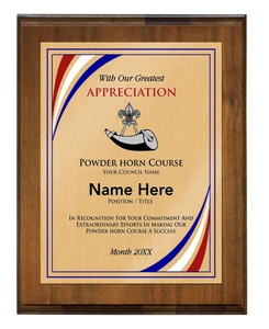 Powder Horn Plaque - Stripes Design - Vertical with Scouting America Logo - Dark Wood