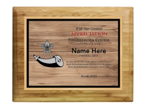 Powder Horn Plaque - Wood Grain Design - Horizontal - Scouting America Logo - Dark Wood