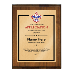 Scout Troop Sponsor Plaque with Scouting America Logo - Border Design - Vertical - Walnut Wood
