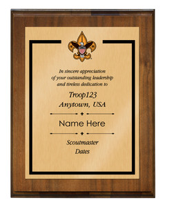 Scoutmaster Plaque with Vintage Scouting logo  - Border Design - Vertical - Dark Wood