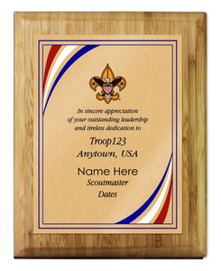 Scoutmaster Plaque with Vintage Scouting logo  - Stripes Design - Vertical - Light Wood