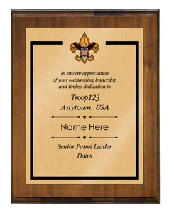 Senior Patrol Leader Plaque with Vintage Scouting logo  - Border Design - Vertical - Dark Wood