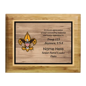 Senior Patrol Leader Plaque with Vintage Scouting logo  - Wood Grain Design - Horizontal - Bamboo Wood