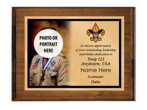 Scoutmaster Plaque with Scouting America Logo - Left Photo Design - Horizontal - Dark Wood