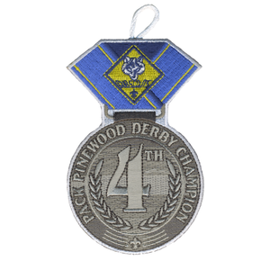 Pinewood Derby Medal Patch with Cub Scout Logo and Button Loop. 4th place