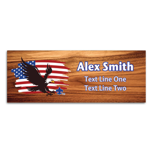 Eagle Name Tag with BSA Fleur-De-Lis - Eagle with distressed flag background on Cherry Wood Eagle Name Tag with BSA Fleur-De-Lis - Eagle with distressed flag background on Cherry Wood