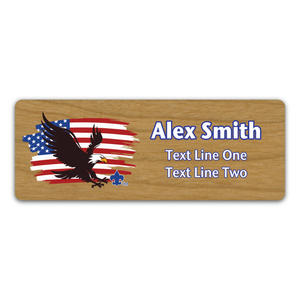 Eagle Name Tag with BSA Fleur-De-Lis - Eagle with distressed flag background on Cherry Wood