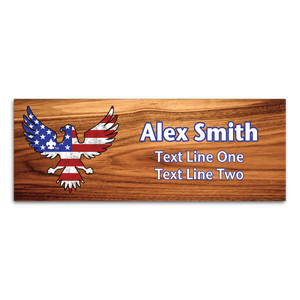 Eagle and Flag Name Tag with BSA Fleur-De-Lis - Distressed Eagle and Flag Silhouette on Cherry Wood Eagle and Flag Name Tag with BSA Fleur-De-Lis - Distressed Eagle and Flag Silhouette on Cherry Wood
