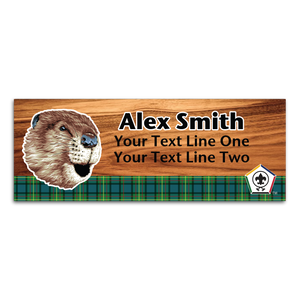 Wood Badge Name Tag with Wood Badge Realistic Beaver Critter on strip of Tartan design with Wood Badge Logo Wood Badge Name Tag with Wood Badge Realistic Beaver Critter on strip of Tartan design with Wood Badge Logo