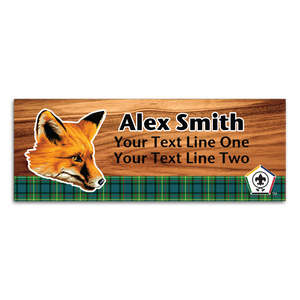 Wood Badge Name Tag with Wood Badge Realistic Fox Critter on strip of Tartan design with Wood Badge Logo Wood Badge Name Tag with Wood Badge Realistic Fox Critter on strip of Tartan design with Wood Badge Logo