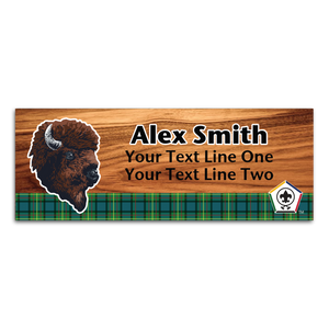 Wood Badge Name Tag with Wood Badge Realistic Buffalo Critter on strip of Tartan design with Wood Badge Logo Wood Badge Name Tag with Wood Badge Realistic Buffalo Critter on strip of Tartan design with Wood Badge Logo