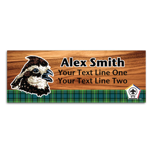 Wood Badge Name Tag with Wood Badge Realistic Bobwhite Critter on strip of Tartan design with Wood Badge Logo Wood Badge Name Tag with Wood Badge Realistic Bobwhite Critter on strip of Tartan design with Wood Badge Logo