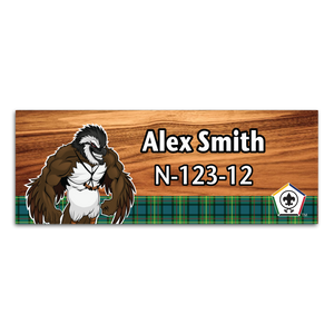 Wood Badge Name Tag with Wood Badge Tough Bobwhite Critter on strip of Tartan design with Wood Badge Logo Wood Badge Name Tag with Wood Badge Tough Bobwhite Critter on strip of Tartan design with Wood Badge Logo