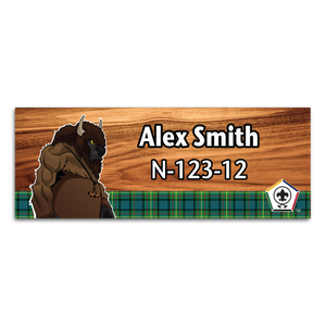 Wood Badge Name Tag with Wood Badge Tough Buffalo Critter on strip of Tartan design with Wood Badge Logo Wood Badge Name Tag with Wood Badge Tough Buffalo Critter on strip of Tartan design with Wood Badge Logo
