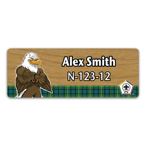 Wood Badge Name Tag with Wood Badge Tough Eagle Critter on strip of Tartan design with Wood Badge Logo - Cherry Wood