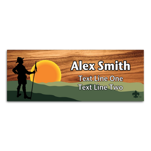 Scouts BSA Troop Name Tag with BSA FDL - Sunset with Troop Silhouette on Cherry Wood Scouts BSA Troop Name Tag with BSA FDL - Sunset with Troop Silhouette on Cherry Wood