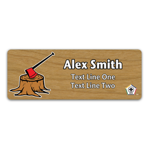 Wood Badge Name Tag - Wood Badge Axe with Red Axe and Wood Badge Logo on Cherry Wood
