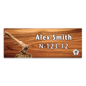 Wood Badge Name Tag - Wood Badge Axe with Brown Wood Axe and Wood Badge Logo on Cherry Wood Wood Badge Name Tag - Wood Badge Axe with Brown Wood Axe and Wood Badge Logo on Cherry Wood