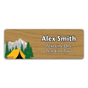 Troop Name Tag With Scouting America fleur-de-lis - Mountain with Yellow Camping Tent on Cherry Wood