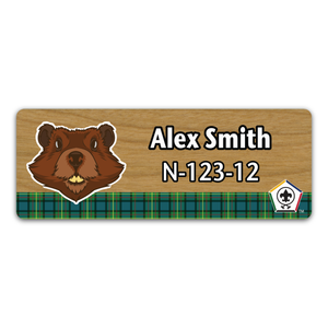 Wood Badge Name Tag with Wood Badge Beaver Critter on strip of Tartan design with Wood Badge Logo - Cherry Wood