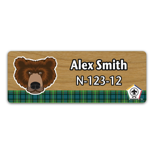 Wood Badge Name Tag with Wood Badge Bear Critter on strip of Tartan design with Wood Badge Logo - Cherry Wood