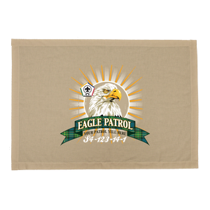 Wood Badge Patrol Flag with Wood Badge Realistic Eagle Critter and Wood Badge Logo on Sunburst background with a Tartan Banner