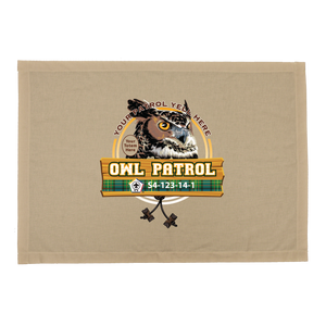 Wood Badge Patrol Flag with Wood Badge Owl Critter with Tartan Banner on Wood Platform