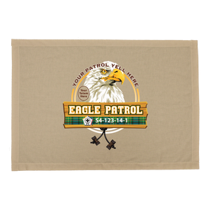 Wood Badge Patrol Flag with Wood Badge Eagle Critter with Tartan Banner on Wood Platform