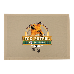 Wood Badge Patrol Flag with Wood Badge Fox Critter with Tartan Banner on Wood Platform
