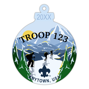 BSA Troop Christmas Ornament - Snowy Hiking Scene - FRONT BSA Troop Christmas Ornament - Snowy Hiking Scene - FRONT