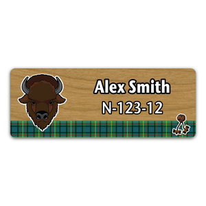 Wood Badge Name Tag with Wood Badge Buffalo Critter on strip of Tartan design with Wood Badge Beads - Cherry Wood