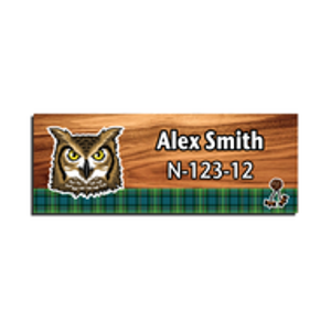 Wood Badge Name Tag with Wood Badge Owl Critter on strip of Tartan design with Wood Badge Beads Wood Badge Name Tag with Wood Badge Owl Critter on strip of Tartan design with Wood Badge Beads