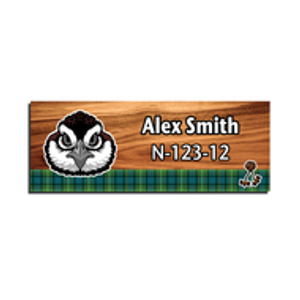 Wood Badge Name Tag with Wood Badge Bobwhite Critter on strip of Tartan design with Wood Badge Beads Wood Badge Name Tag with Wood Badge Bobwhite Critter on strip of Tartan design with Wood Badge Beads