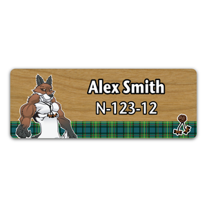 Wood Badge Name Tag with Wood Badge Tough Fox Critter on strip of Tartan design with Wood Badge Beads - Cherry Wood