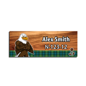 Wood Badge Name Tag with Wood Badge Tough Eagle Critter on strip of Tartan design with Wood Badge Beads Wood Badge Name Tag with Wood Badge Tough Eagle Critter on strip of Tartan design with Wood Badge Beads