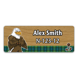 Wood Badge Name Tag with Wood Badge Tough Eagle Critter on strip of Tartan design with Wood Badge Beads - Cherry Wood
