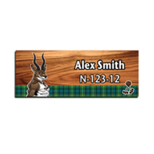 Wood Badge Name Tag with Wood Badge Tough Antelope Critter on strip of Tartan design with Wood Badge Beads Wood Badge Name Tag with Wood Badge Tough Antelope Critter on strip of Tartan design with Wood Badge Beads