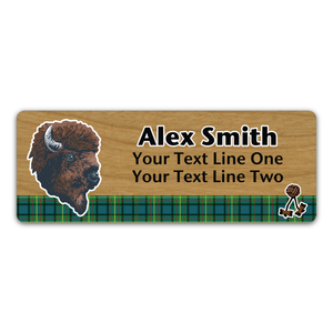 Wood Badge Name Tag with Wood Badge Realistic Buffalo Critter on strip of Tartan design with Wood Badge Beads - Cherry Wood