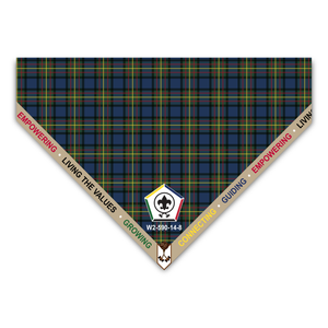 Wood Badge Neckerchief with Embroidered Wood Badge Logo, Wood Badge Beads, and Ribbon Edge with the 5 Wood Badge central themes on a Sublimated Tartan Background