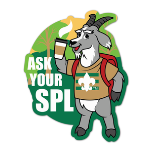 Ask Your SPL text with Playful goat design in scout uniform with bright, vibrant colors that pop sticker